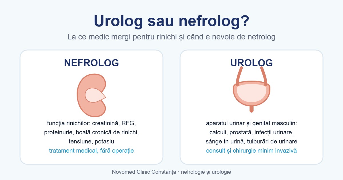 Schemă cu două panouri: nefrolog, cu un rinichi desenat și lista funcția rinichilor, creatinină, proteinurie, tensiune; urolog, cu o vezică urinară desenată și lista calculi, prostată, infecții urinare