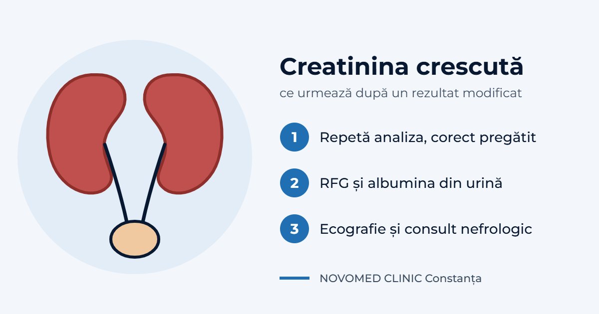 Ilustrație schematică cu doi rinichi, ureterele și vezica urinară, lângă trei pași: repetarea analizei, RFG și albumina din urină, ecografie și consult nefrologic